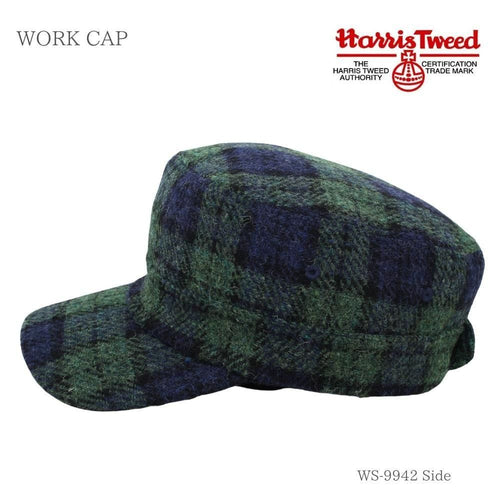 Harris Tweed(ハリスツイード)ウールワークキャップ 真鍮バックル アジャスター付き グリーンチェック ブラックウォッチ 商品 横