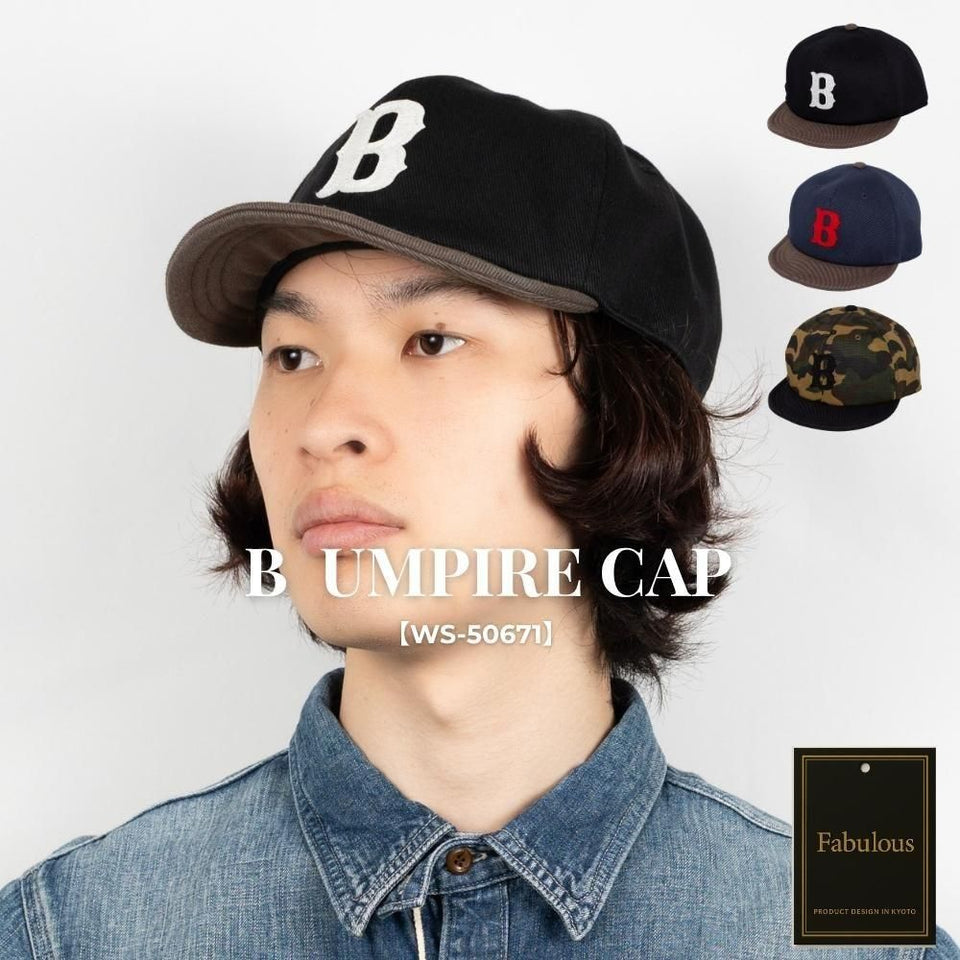 Bワッペンアンパイアキャップ ブラック/グレー 着用 斜め前