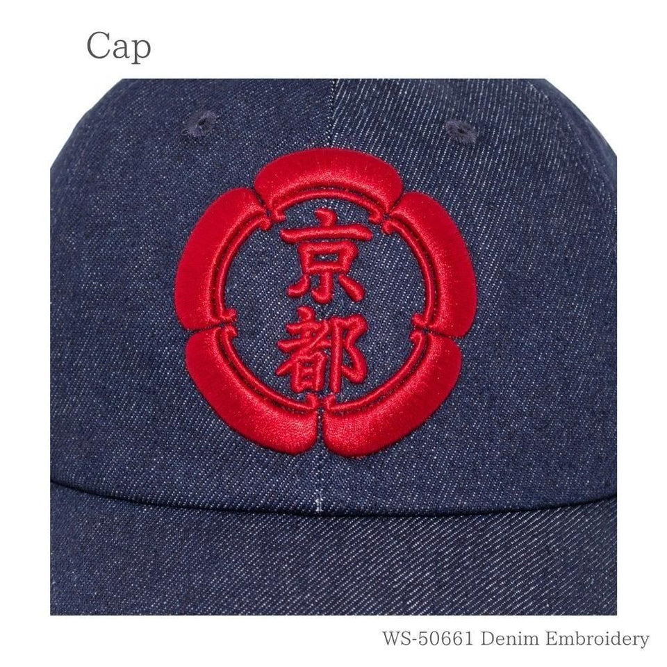 京都キャップ ブルーデニム 正面の刺繍のアップ