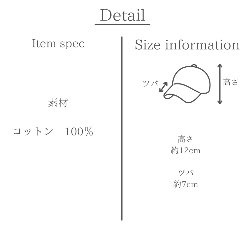 キャンプキャップ 素材とサイズの説明