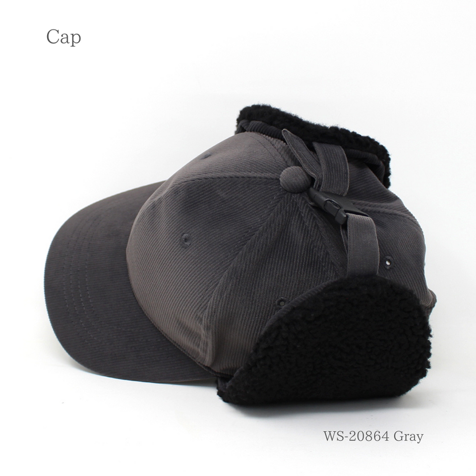 コーデュロイボアフラップキャップ グレー 商品 斜め前 耳当てを下ろした状態