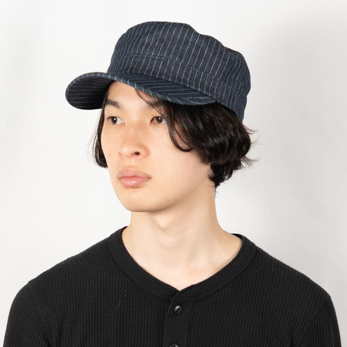 アジャスターワークキャップ ストライプデニム 着用 斜め前