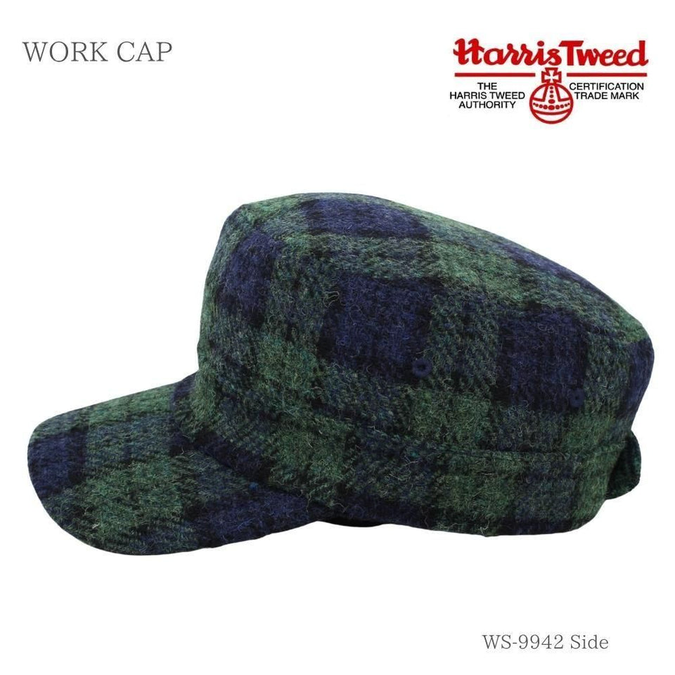 Harris Tweed（ハリスツイード）ウールワークキャップ 真鍮バックル アジャスター付き グリーンチェック ブラックウォッチ 商品 横