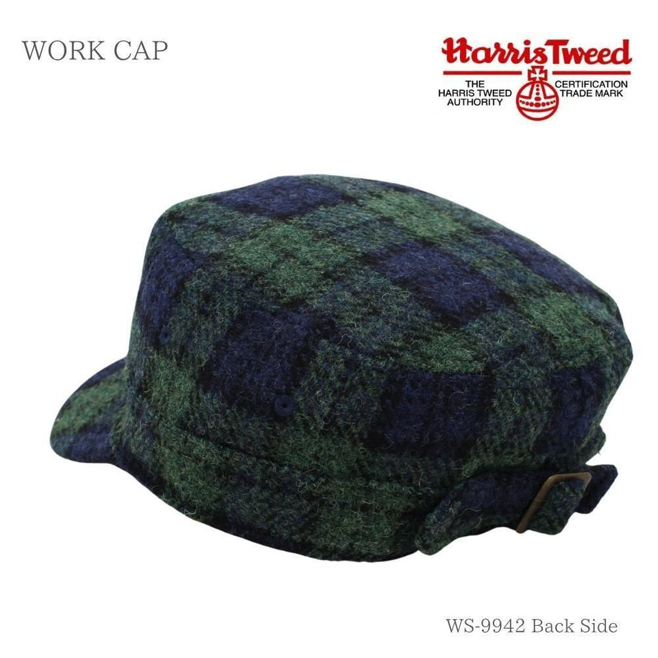 Harris Tweed（ハリスツイード）ウールワークキャップ 真鍮バックル アジャスター付き グリーンチェック ブラックウォッチ 商品 後ろ斜め