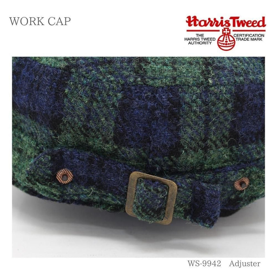 Harris Tweed（ハリスツイード）ウールワークキャップ 真鍮バックル アジャスター付き グリーンチェック ブラックウォッチ 後ろのバックルのアップ