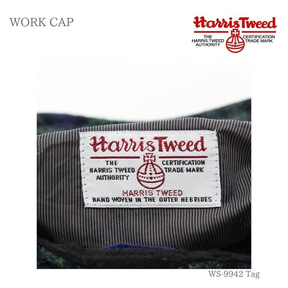 Harris Tweed（ハリスツイード）ウールワークキャップ 真鍮バックル アジャスター付き 内側 タグ