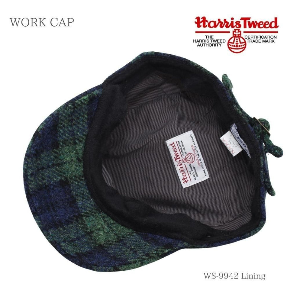 Harris Tweed（ハリスツイード）ウールワークキャップ 真鍮バックル アジャスター付き グリーンチェック ブラックウォッチ 内側