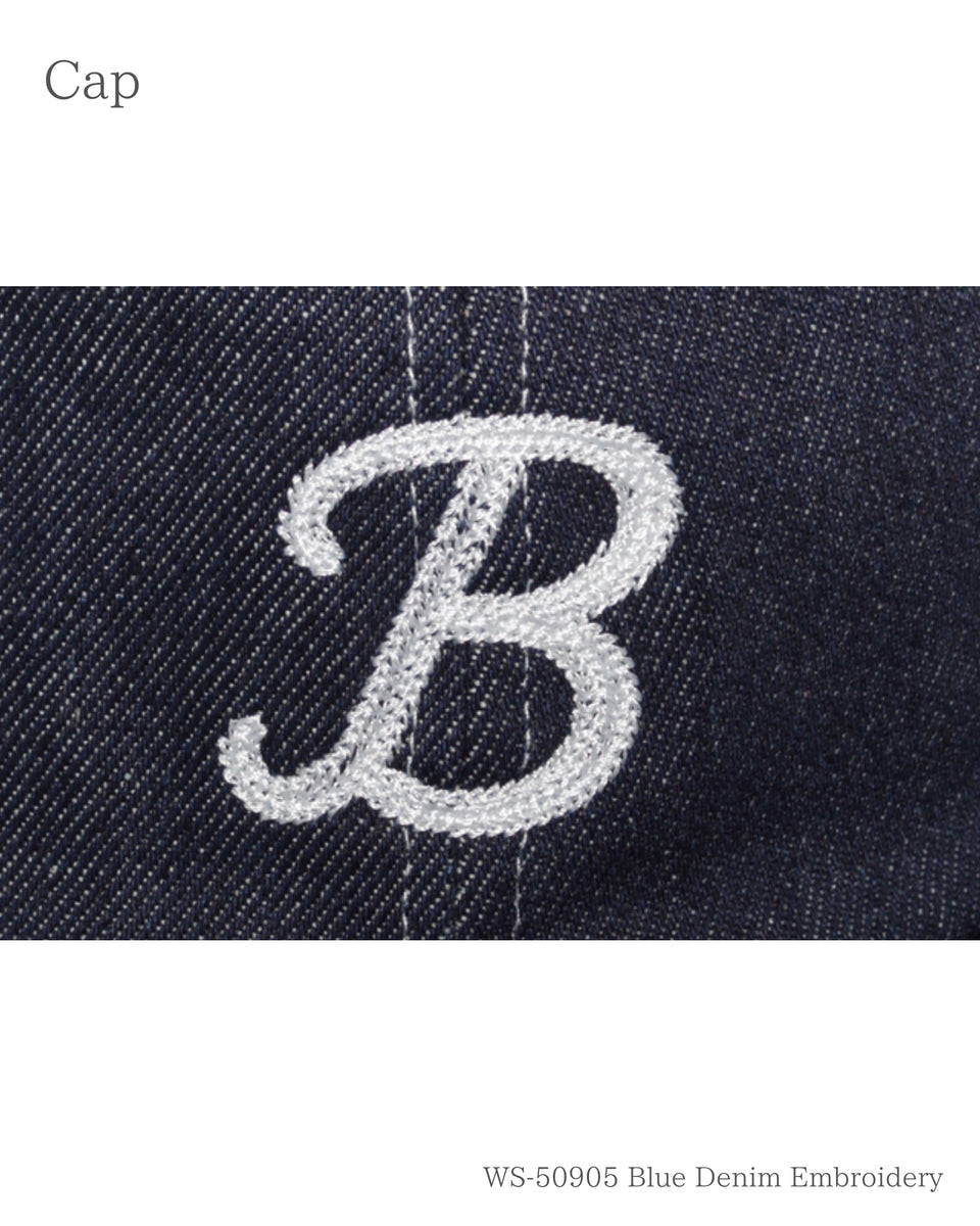 デニムBアンパイアキャップ ブルーデニム 刺繍のアップ